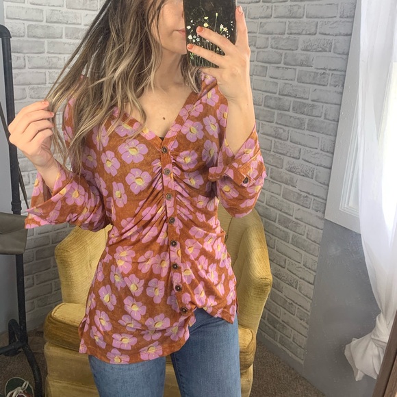 Free People // floral button down sheer long sleeve top - Picture 5 of 9
